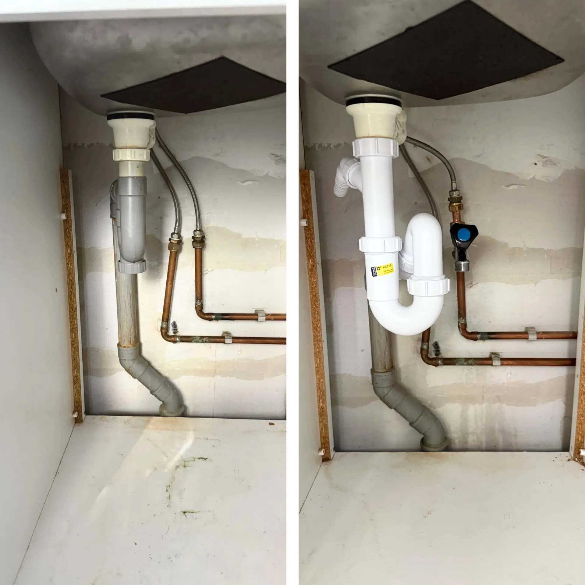 Loodgieter vernieuwt afvoer onder de keuken, van oude aansluiting naar modern leidingwerk. Loodgieter vernieuwt afvoer onder de keuken, van oude aansluiting naar modern leidingwerk.