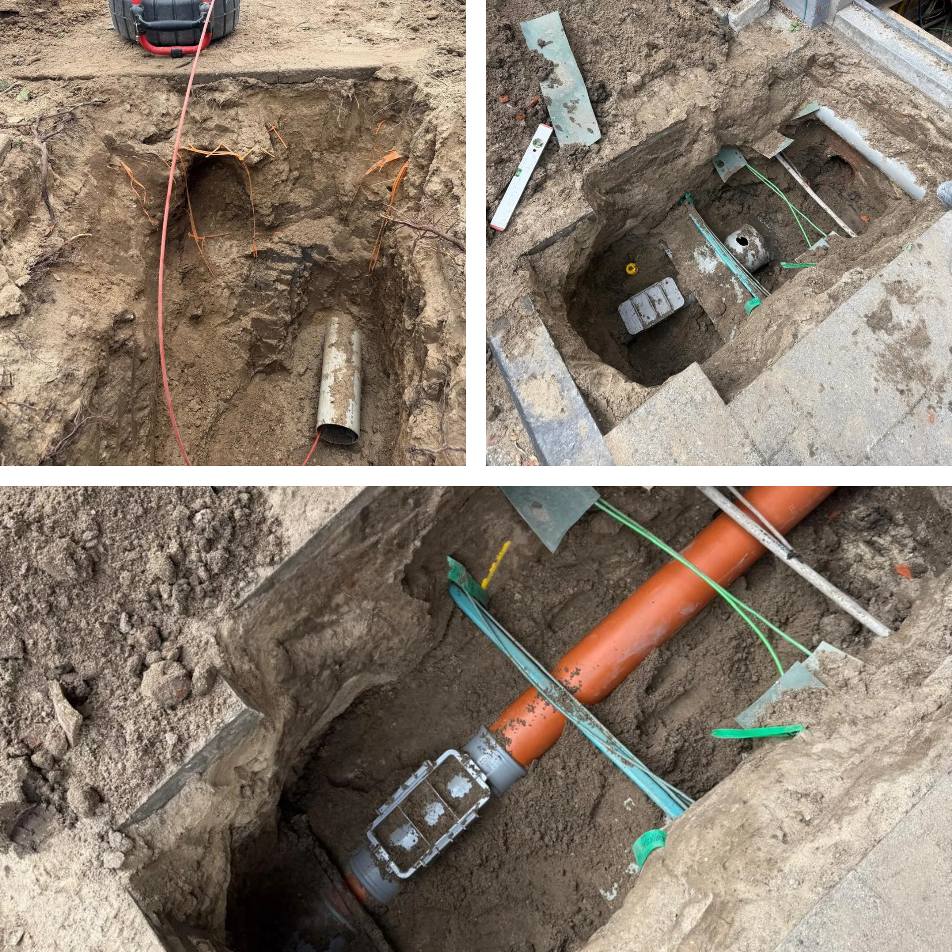 Oude rioolbuis vervangen door moderne oranje PVC-leiding met stevige koppelingen. Oude rioolbuis vervangen door moderne oranje PVC-leiding met stevige koppelingen.