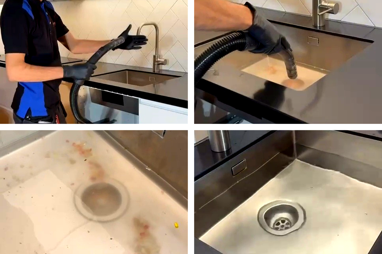 Professioneel ontstoppen van keukenafvoer (voor en na) Professioneel ontstoppen van keukenafvoer (voor en na)